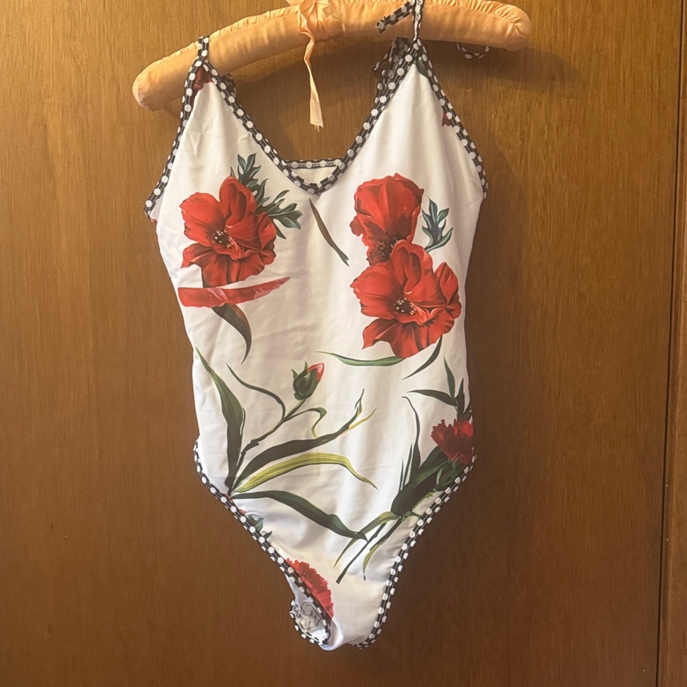 Floral One Piece Swimsuit - Red and White